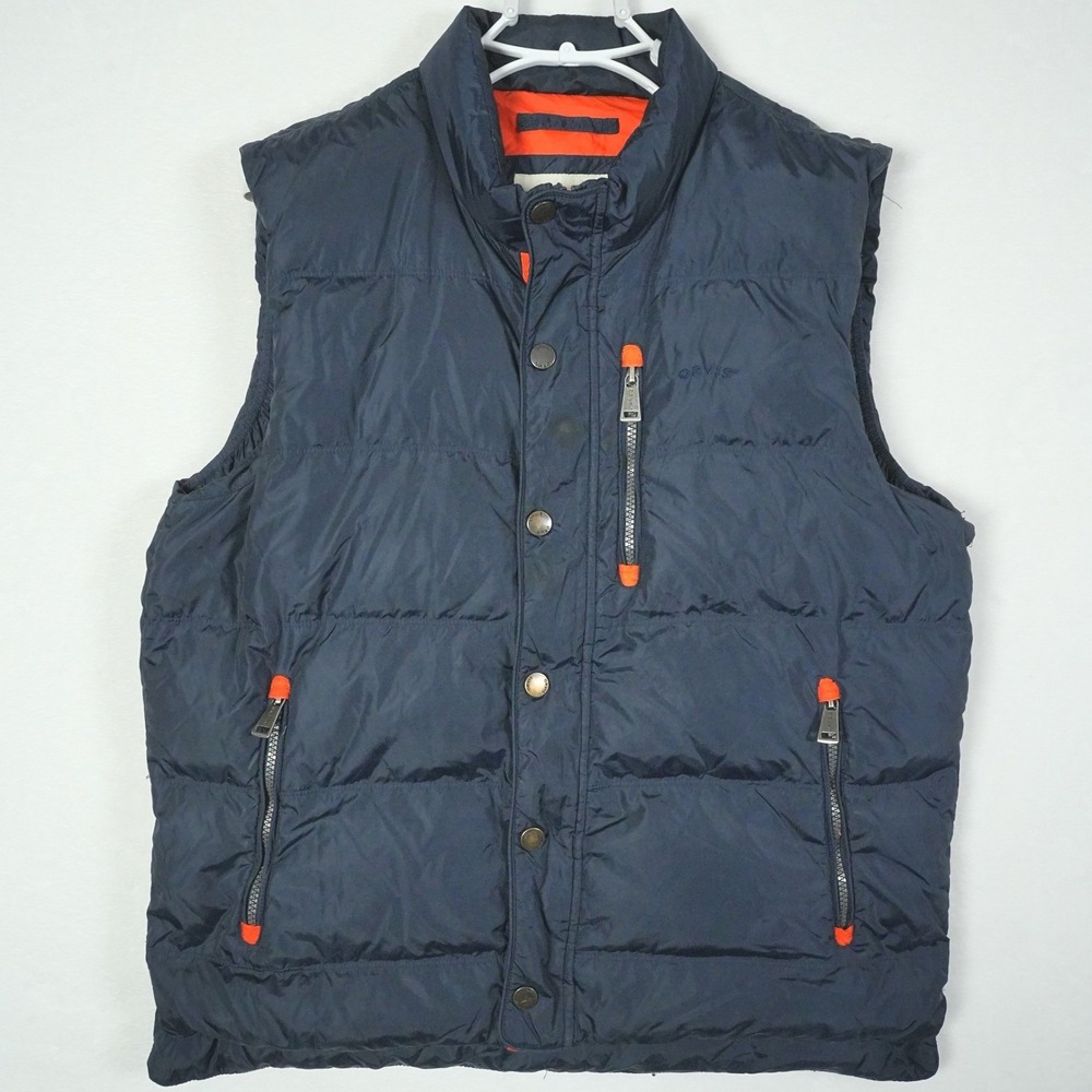 Orvis Men's Puffer Vest Size Medium‎ Navy Blue Orange Lined Zip Duck Down - Read